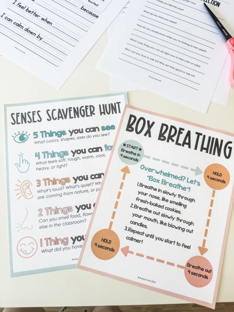 This image shows close-ups of a Senses Scavenger Hunt poster and a Box Breathing poster.