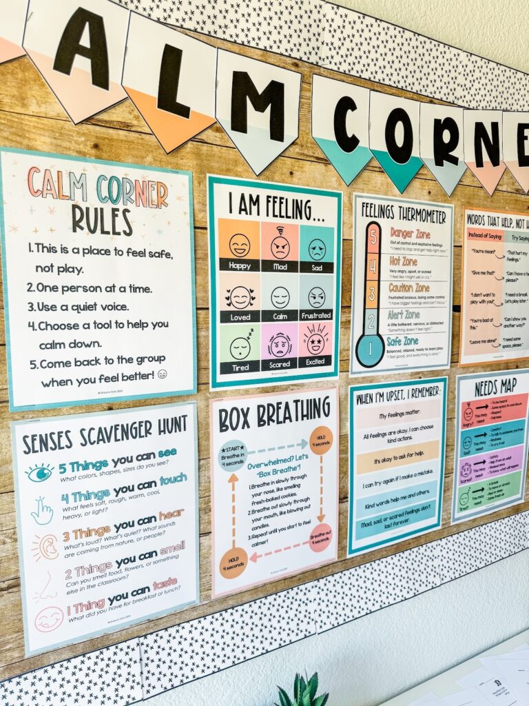 This image shows a close-up of the calm down strategies on a bulletin board.