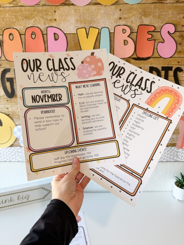 This image shows two different classroom newsletter options. Both are fall themed and included in the fall classroom decor bundle.