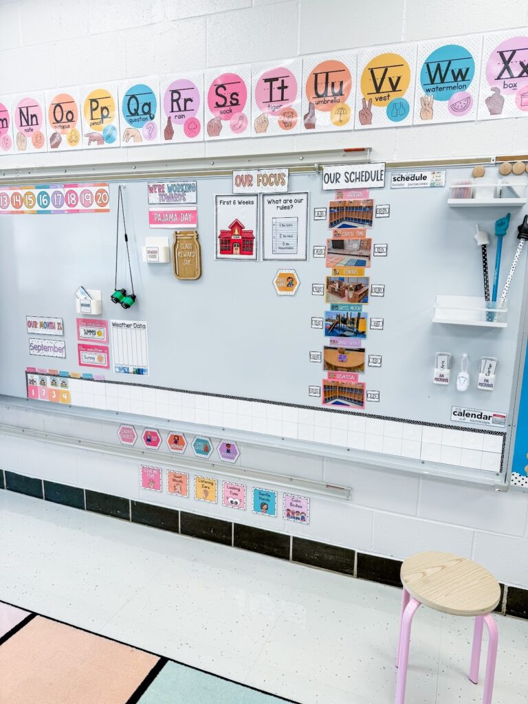 This image shows the whiteboard at the front of a Pre-K classroom filled with resources to help students learn.