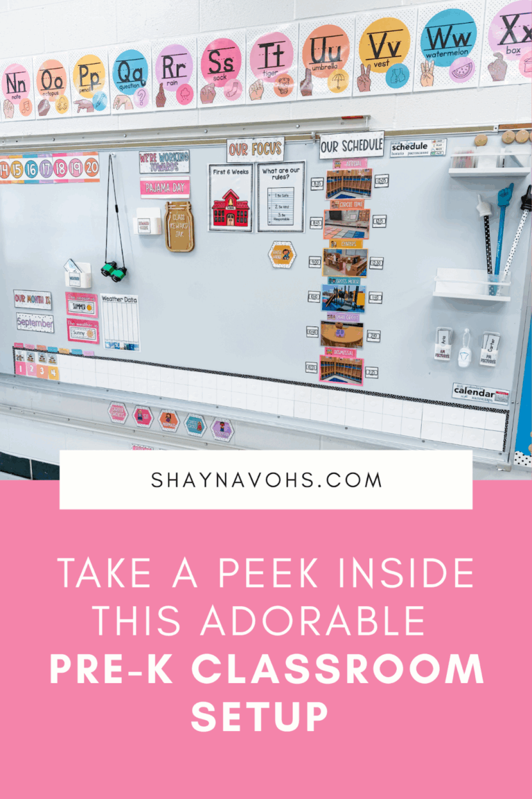 This image shows the whiteboard at the front of a Pre-K classroom filled with resources to help students learn. The text at the bottom of the image reads Take a Peek Inside This Adorable Pre-K Classroom Setup.