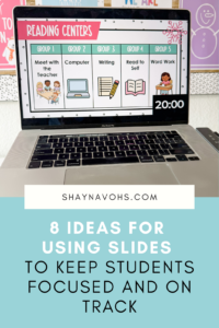 This image shows a computer screen with a center's template and 20 minute timer in the corner. The text at the bottom of the image reads "8 ideas for using slides to keep students focused and on track".
