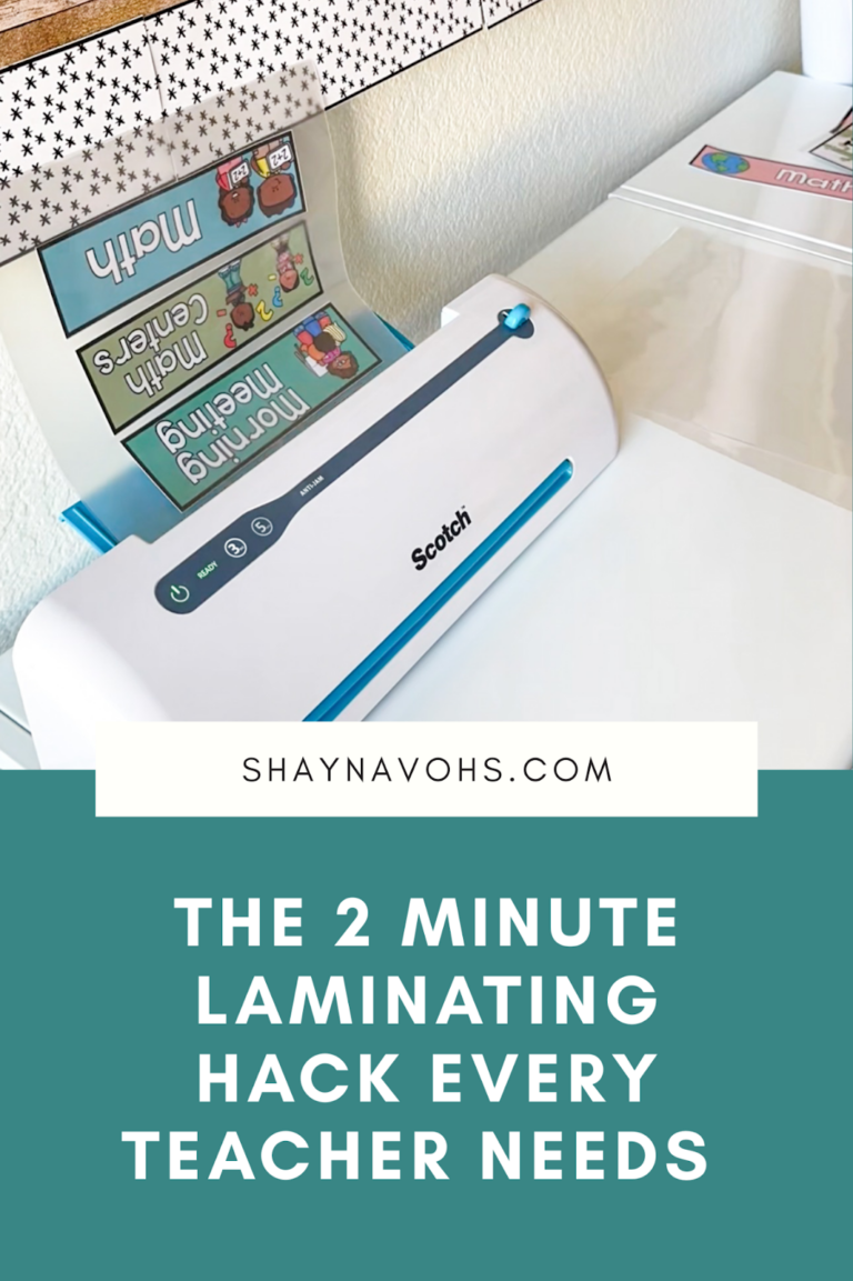 This image shows schedule cards going through the laminator. The text at the bottom of the picture reads The 2 Minute Laminating Hack Every Teacher Needs.