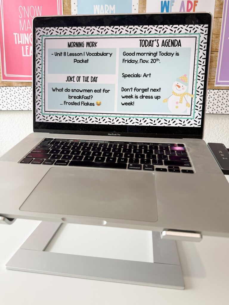 This image shows a morning work slide template with three categories. The headings read "Morning Work", "Joke of the Day", and "Today's Agenda".