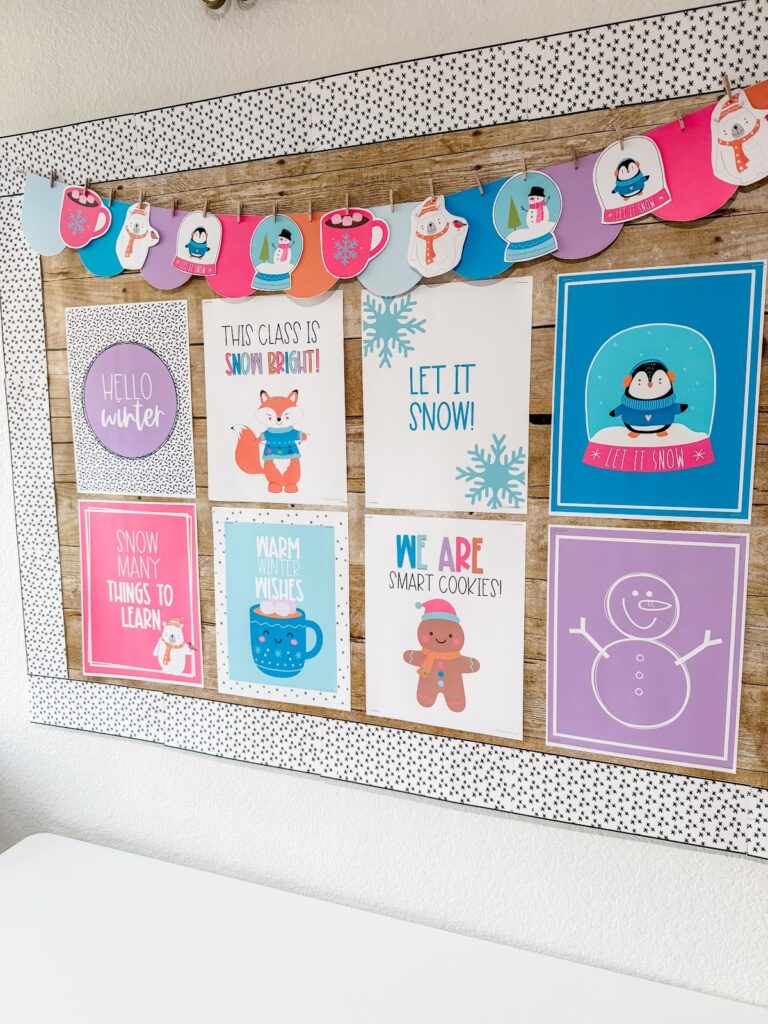 This image shows a close-up of the posters included in the winter bulletin board. You can see the cute penguin, gingerbread man, snowmen, and other winter-themed icons.