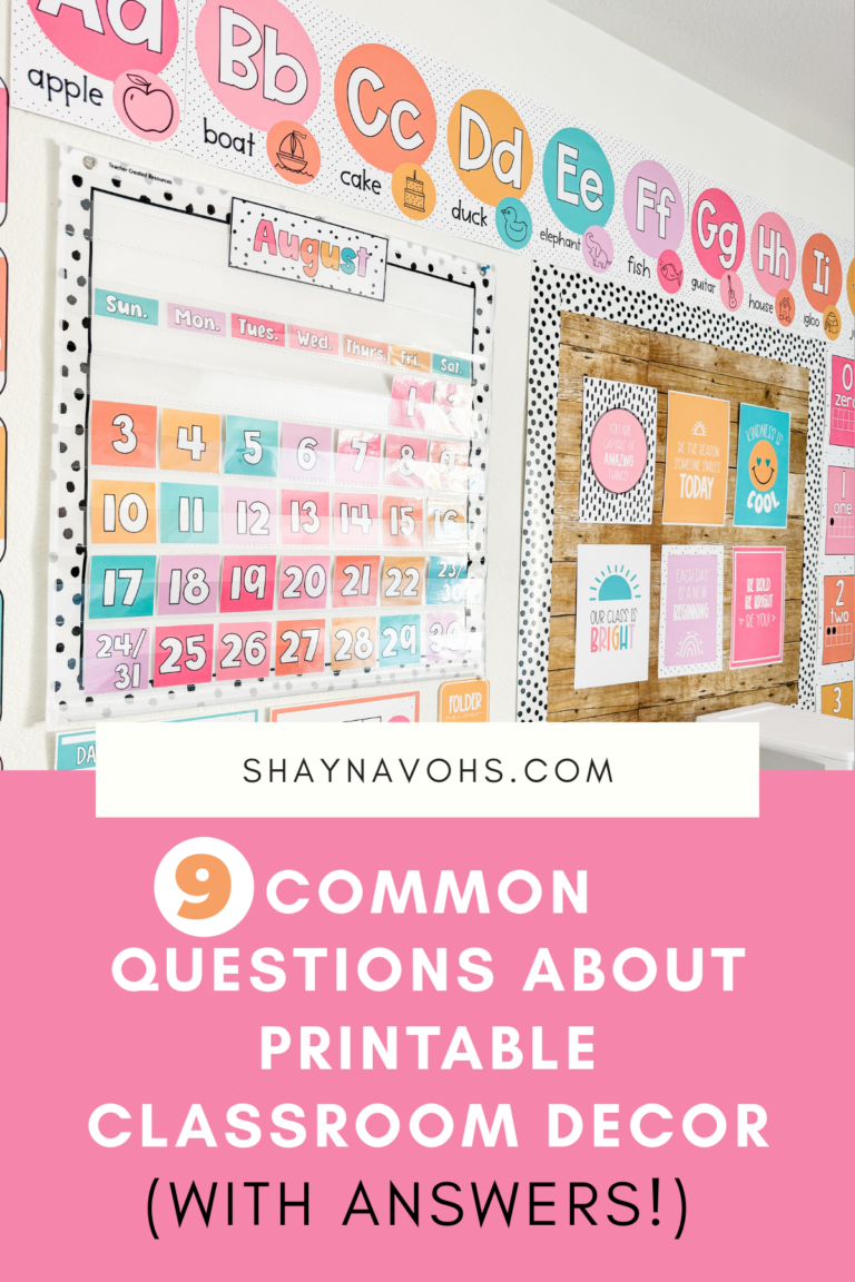 This image shows a classroom decorated in bright colors. The text at the bottom of the image reads "9 Common Questions About Printable Classroom Decor (with answers!)"