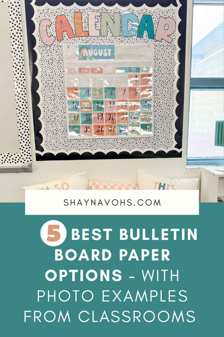 This image shows a calendar display with a white and black spotted bulletin board paper. The text at the bottom of the image reads "5 Best Bulletin Board Paper Options - with photo examples from classrooms".