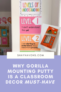This image shows bright Levels of Understanding posters and a pack of Gorilla Mounting Putty. The text at the bottom of the image reads "Why Gorilla Mounting Putty is a Classroom Decor Must-Have."