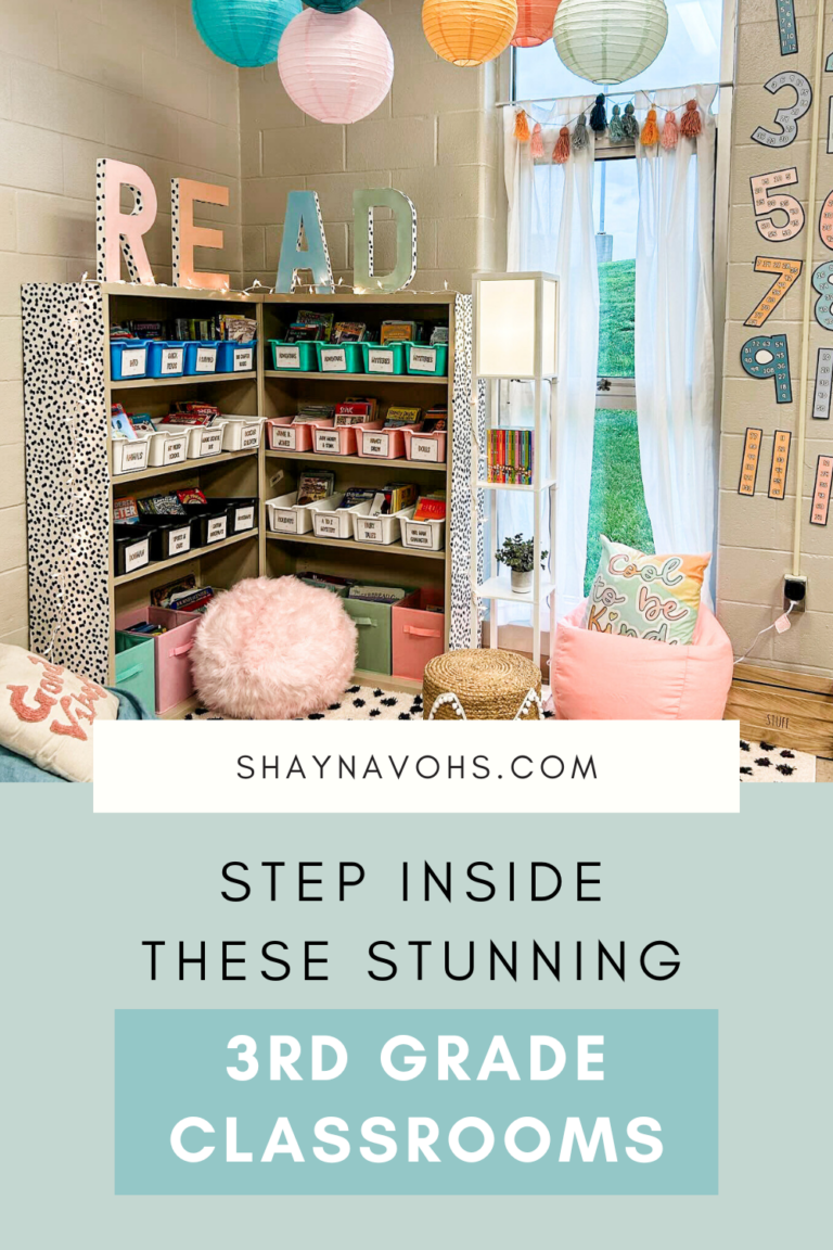 This image shows a cozy reading corner in a whimsical classroom. The text at the bottom of the image reads "Step inside these stunning 3rd grade classrooms".