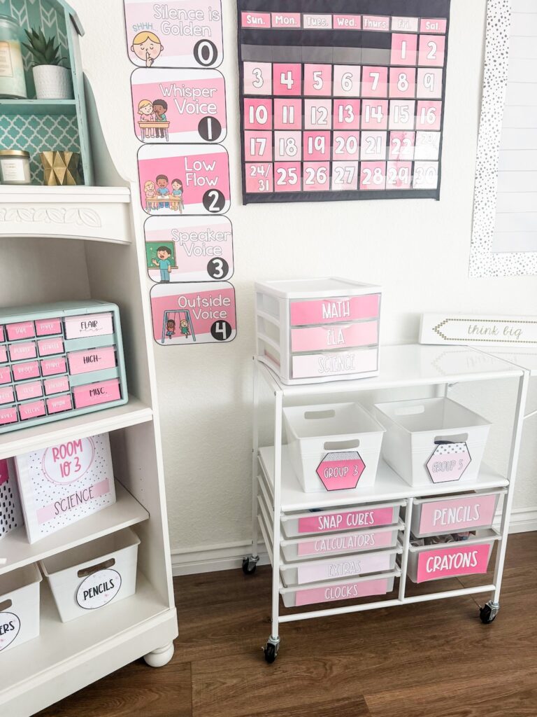 This image shows a corner of a classroom decorated with the simple + pink classroom decor theme. 
