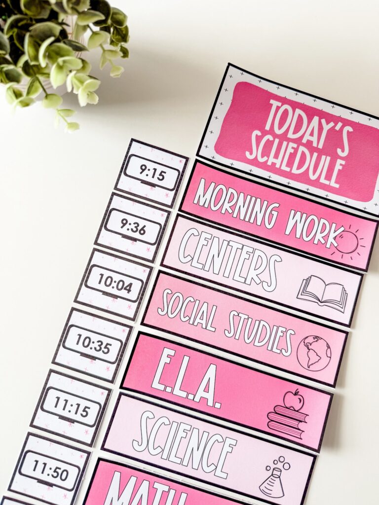 This image shows a visual schedule display with a heading, clock cards, and schedule cards. 