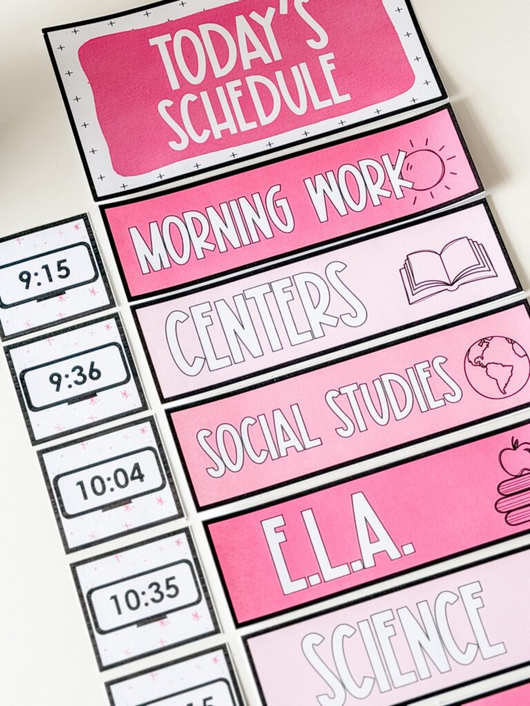 This image shows a visual schedule kit included in the simple + pink classroom decor theme. There is a heading card that reads "Today's Schedule". Then, each card is a different subject with the name of the subject and a sketched image. Next to the subject card is a clock card.