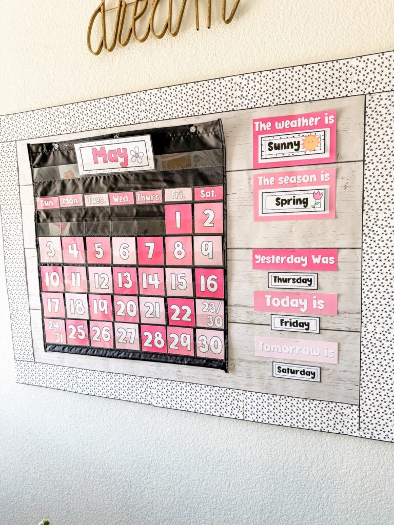 This image shows a pocket calendar display with the calendar, weather, season, and days of the week cards. 