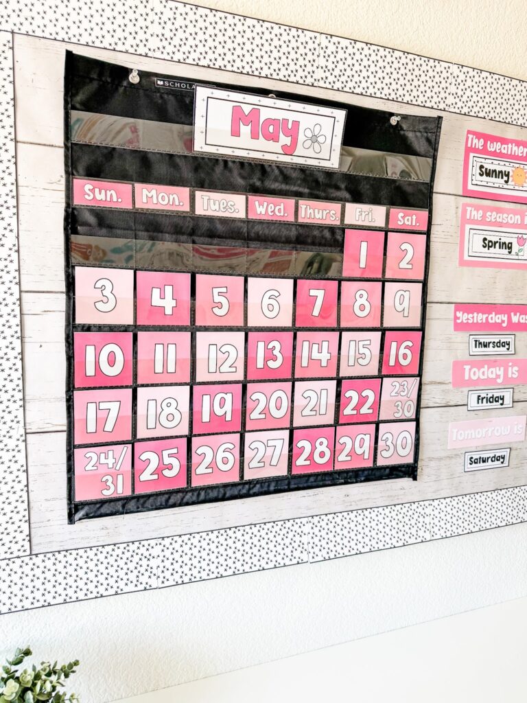 This image shows a closeup of the calendar setup in a black pocket chart. 