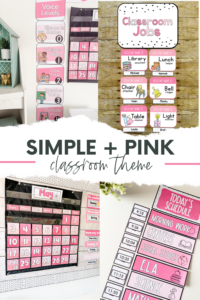 This image shows four different closeups of resources included in the simple + pink classroom decor bundle. The text in the middle of the screen reads, "Simple + Pink Classroom Theme".