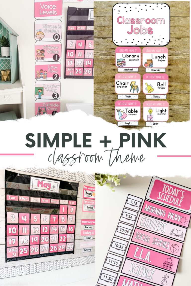 This image shows four different closeups of resources included in the simple + pink classroom decor bundle. The text in the middle of the screen reads, "Simple + Pink Classroom Theme".