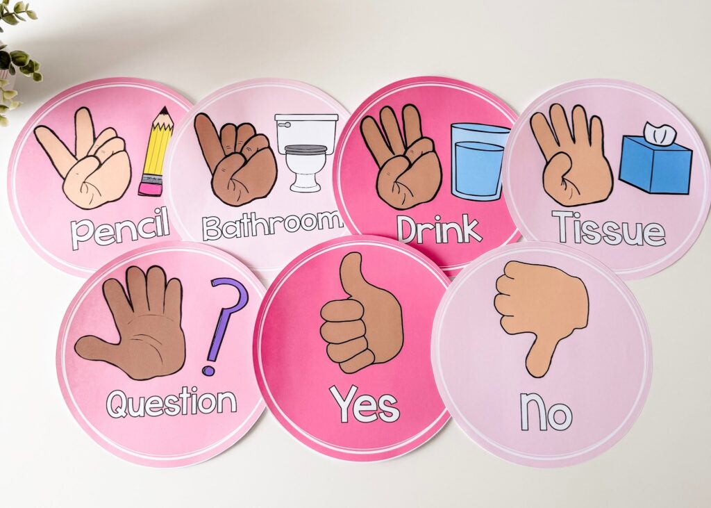 This image shows seven hand signal posters. One has three fingers held up and a clipart image of a glass with the word "Drink" at the bottom. There are other hand signal posters for Tissue, No, Yes, Question, etc. 