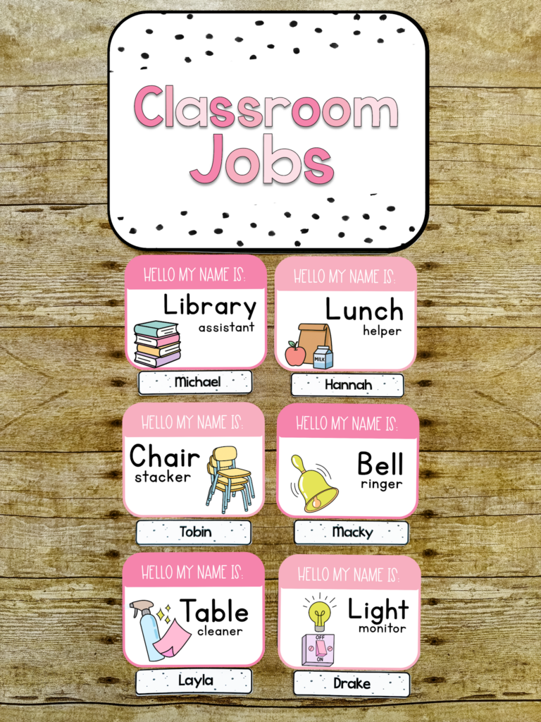 This image shows a mockup of a primary classroom jobs display. Each job card has the name of the job and a clipart image to illustrate what the job is. Underneath the job card is a card with a student's name. 