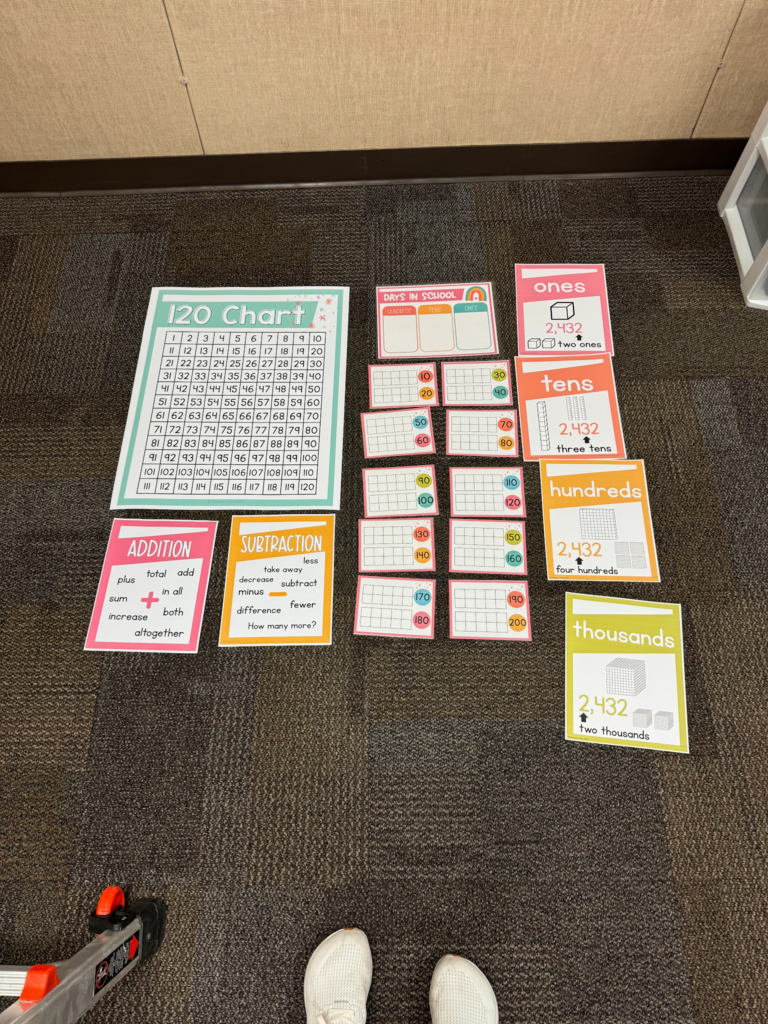 This image shows the pieces of a bulletin board display laid out on the floor in front of the wall where they will be hung up.