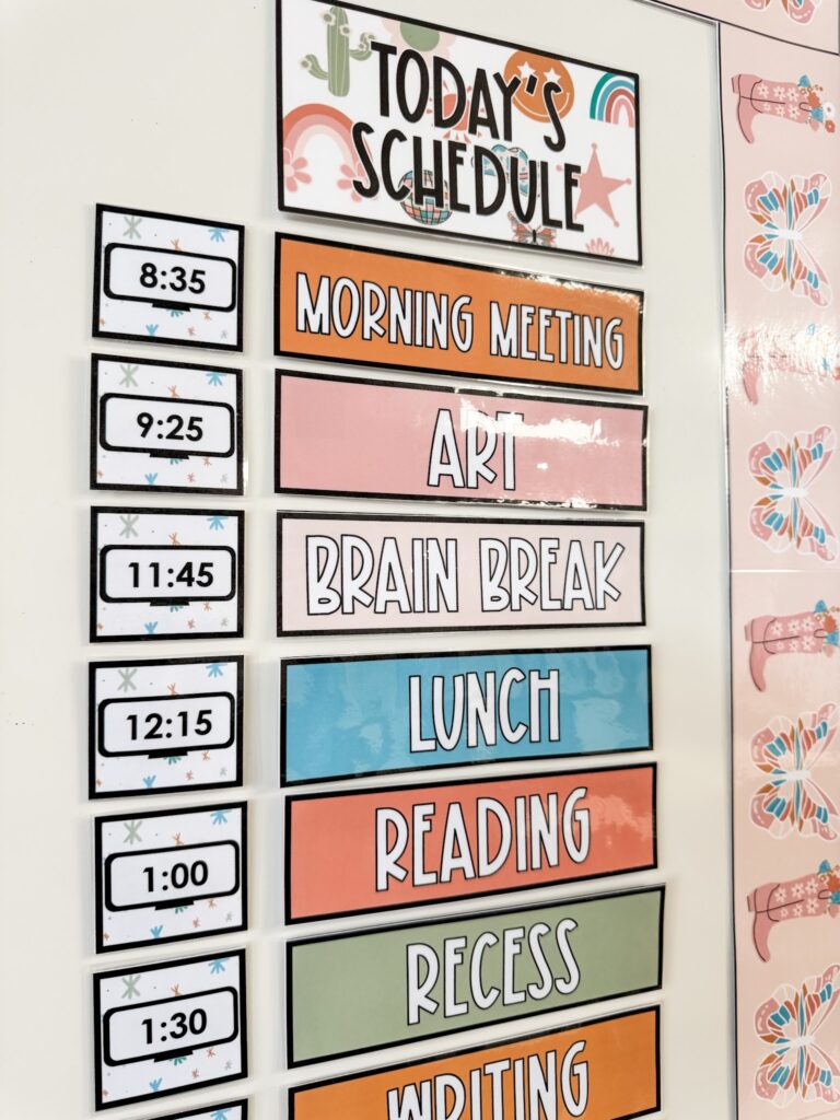 This image shows visual schedule cards showing students what is happening during each part of their day.