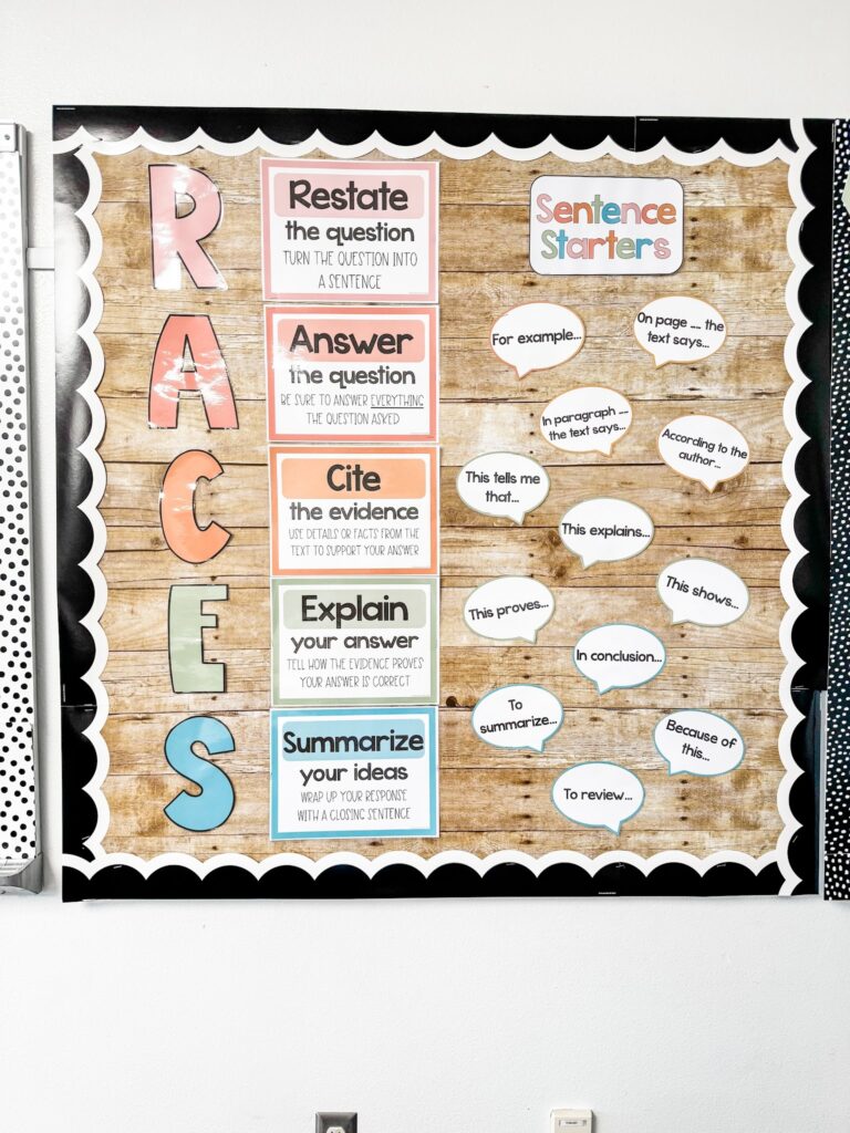 This image shows a RACES strategy hung up on a bulletin board to support students as they respond to what they have read.