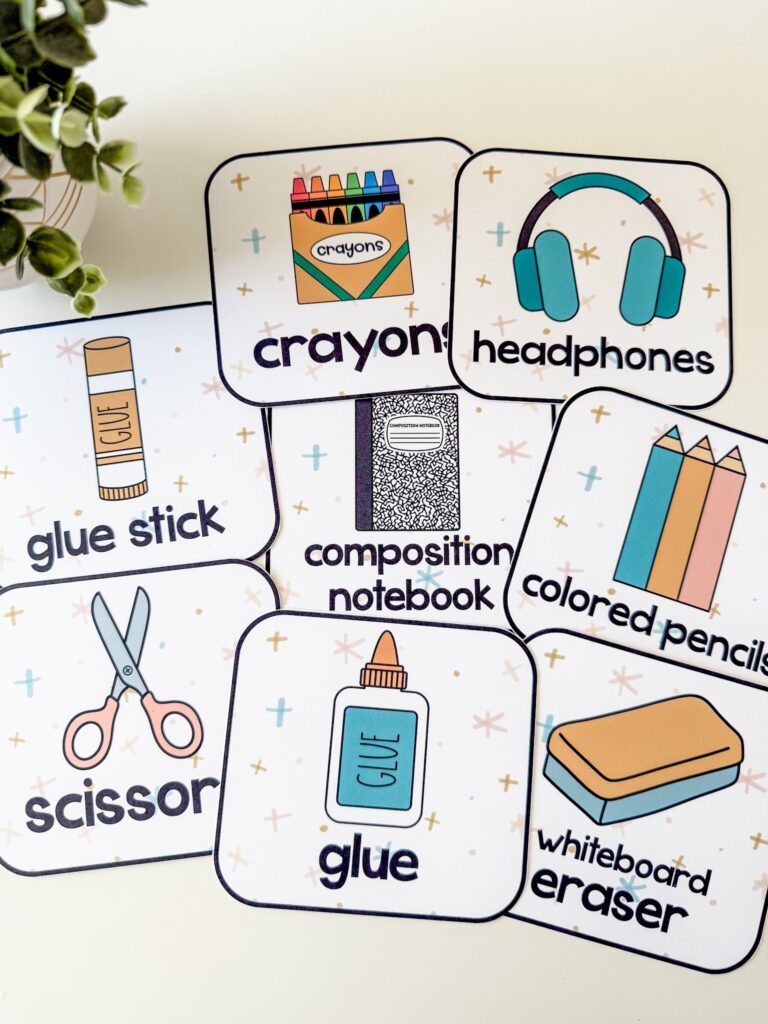 This image shows the other design for the supply icons. These ones are all a square shaped background with colorful stars decorating the background. Then there is the clipart image of the supply and the name written underneath. 