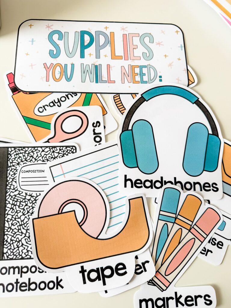 This image shows a bunch of the icons included in the classroom supplies you will need display resource. 