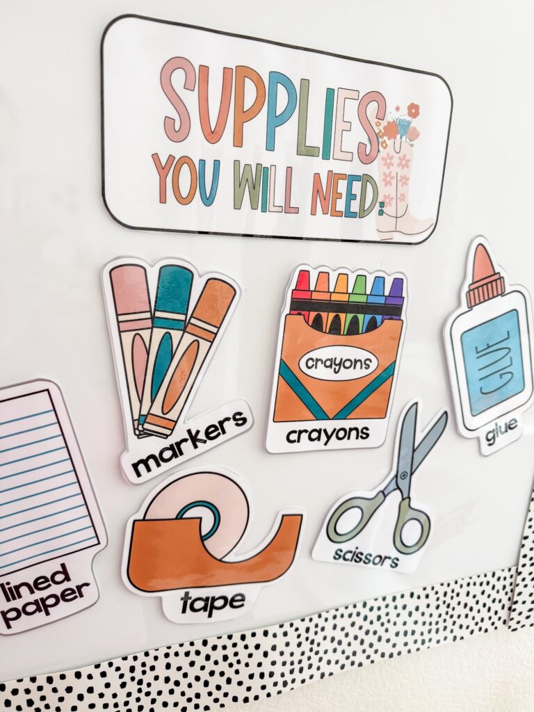 This image shows the supplies you will need display on a whiteboard decorated in the retro rodeo design. There is a poster at the top that reads, "Supplies You Will Need" and then you can see clipart images with labels: lined paper, scissors, markers, crayons, glue, and tape. 