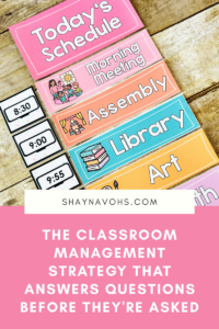 This image shows a visual schedule card display in the hello pastel decor design style. The text at the bottom of the image reads, "The classroom management strategy that answers questions before they're asked".