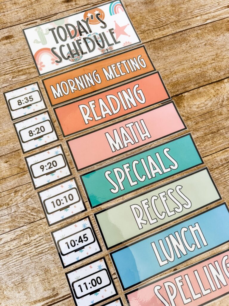 This image shows upper elementary schedule cards designed to match the retro rodeo decor style. Each subject card has the name of the subject, like "Morning Meeting", "Reading", and "Math". On the left hand side of each subject card is a clock with the time each subject begins. 