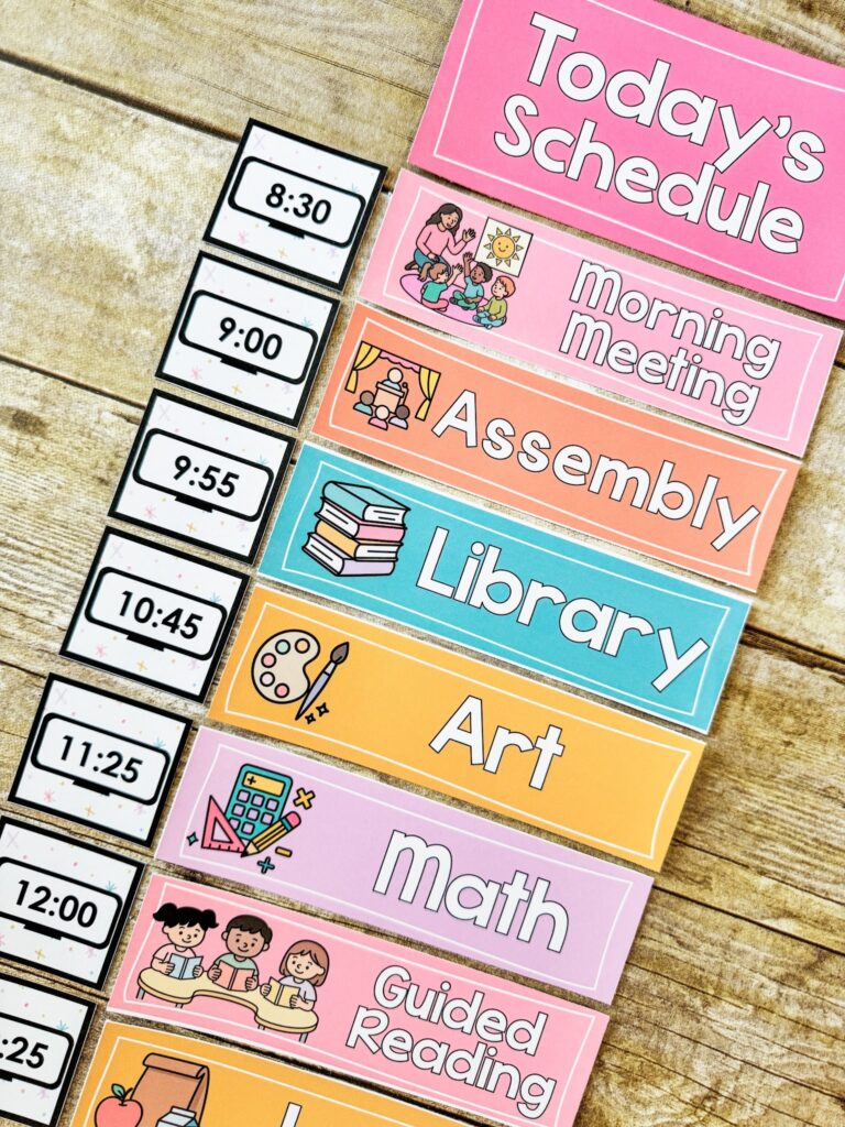 This image shows schedule cards showing the different subjects like morning meeting, assembly, library, math, and more. Each subject card has the name of the subject and an image depicting it. On the left hand side of each subject card is a clock with the time each subject begins. 