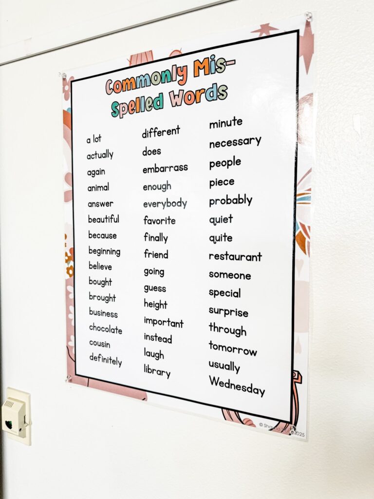This image shows a commonly misspelled words poster created with an editable poster included in the printable classroom decor bundle.