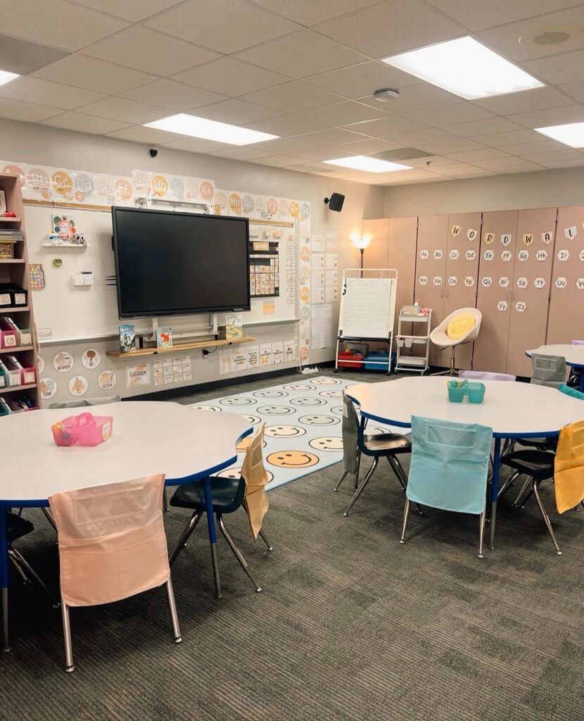 This image is a snapshot from a classroom that uses one decor bundle for everything, which is a great suggestion for decorating a classroom. You can see the same colors, images, icons, and everything feels like it blends together well.