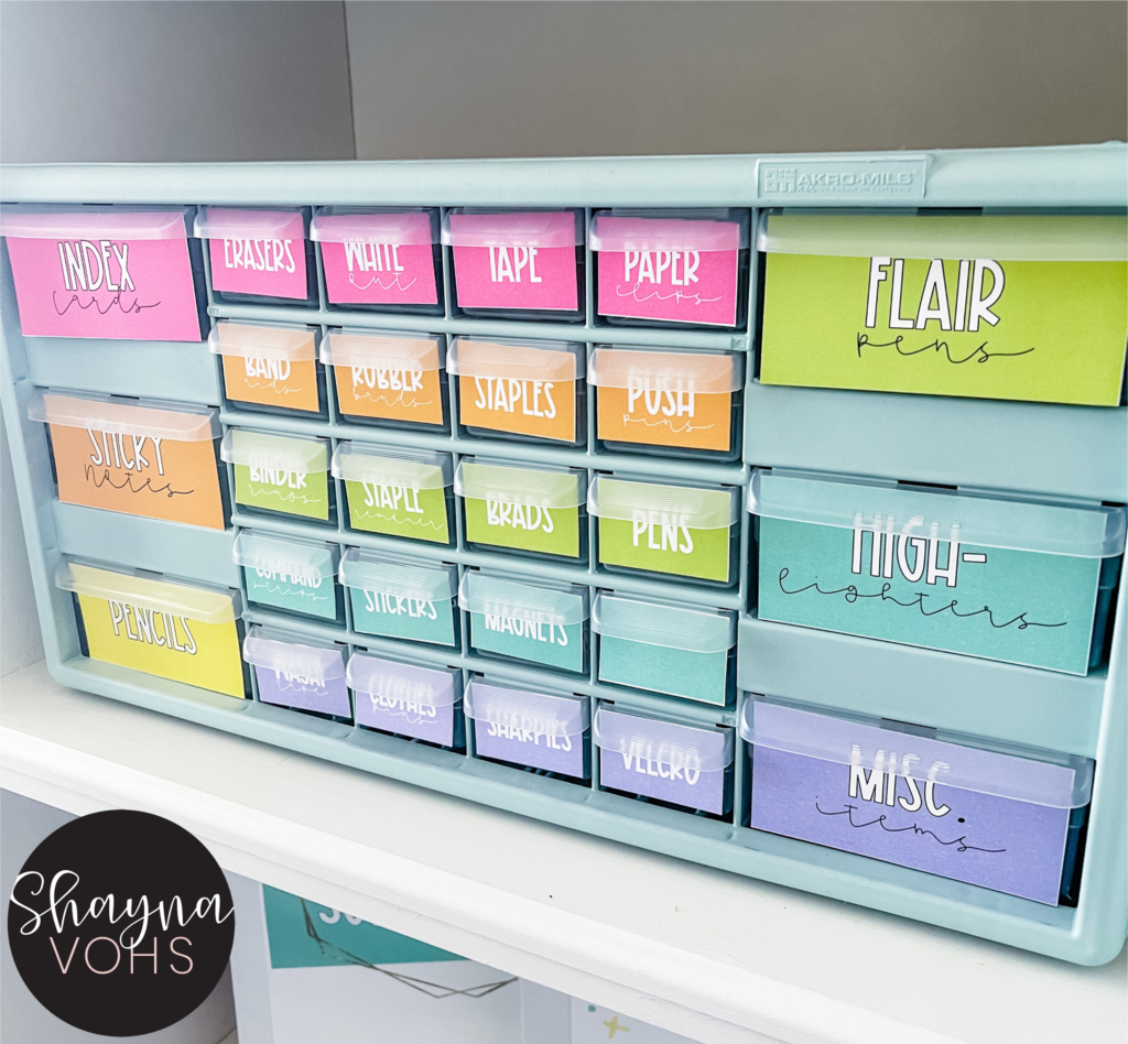 This image shows a close-up of a teacher toolbox complete with bright, happy hues labels.
