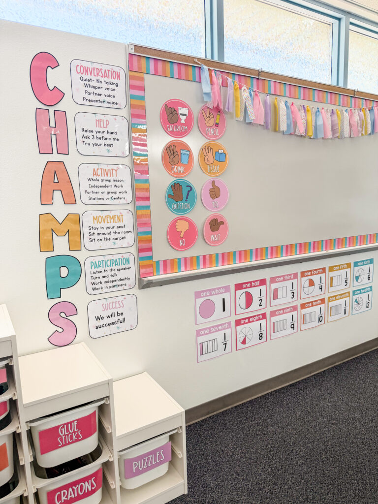 This image shows a side of a classroom with a whiteboard complete with a CHAMPS display for classroom management off to the side.