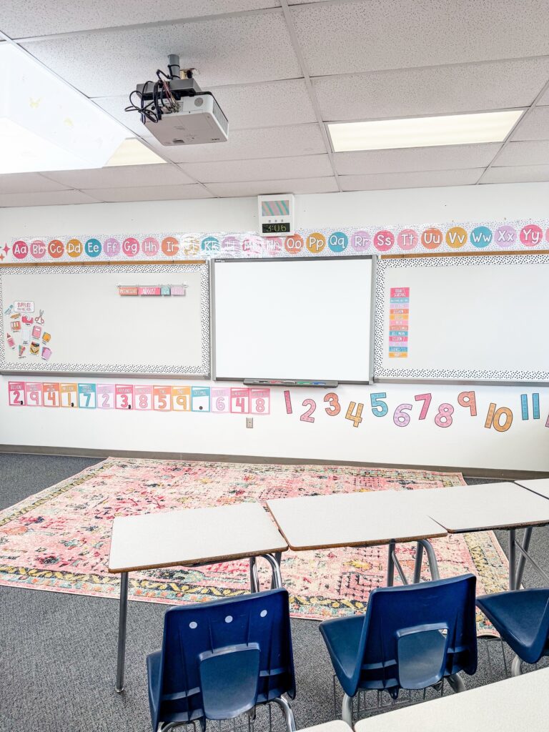 This image gives an overview of the front of the classroom now that it is redecorated and transformed with the pastel classroom decor theme.