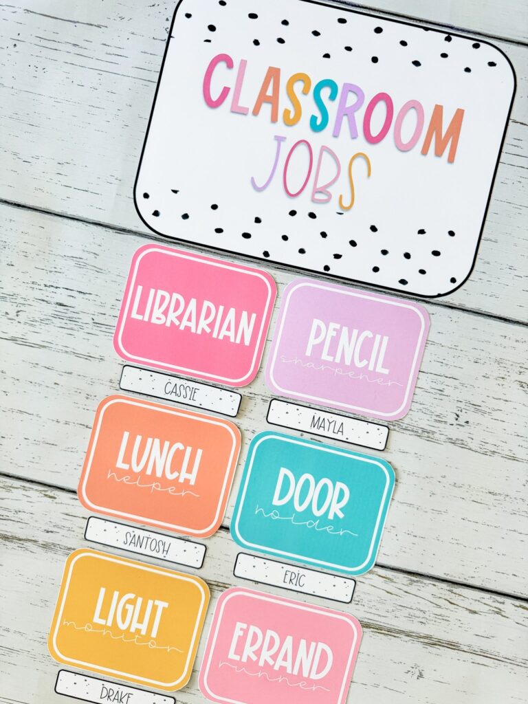This image shows a classroom jobs display that is created using the Hello, Pastel theme.