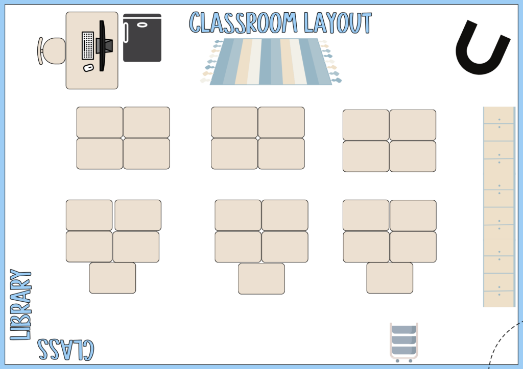 This image shows a sketch of a classroom with desks and other furniture created in Canva.