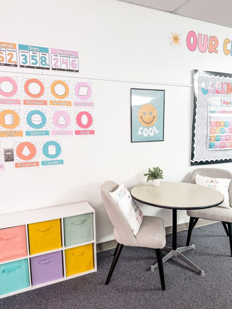This image shows a bunch of math resource posters on the walls of a classroom. You can see shape posters as well as place value posters.