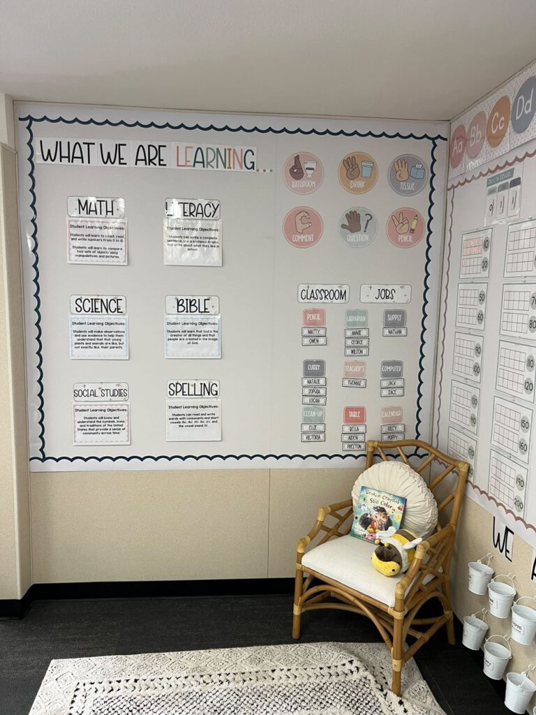 This image shows a morning corner in a classroom decorated in the modern calm colors theme.