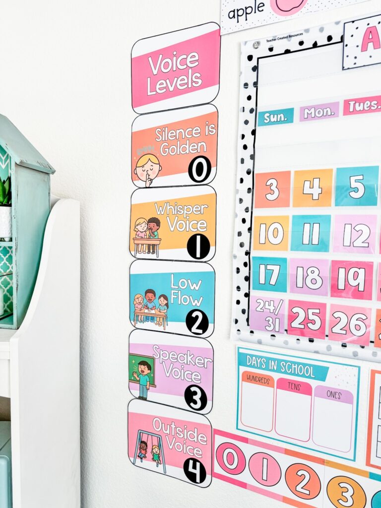 This image shows voice level posters designed in to fit the Hello, Pastel theme.