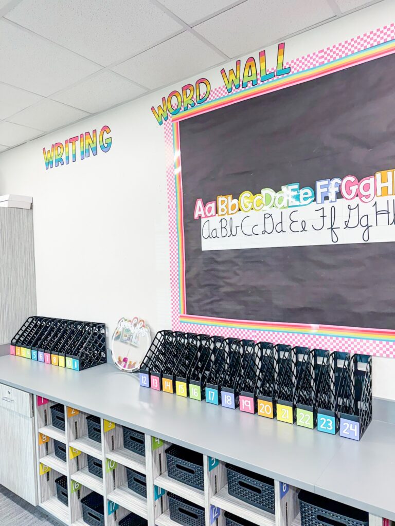 This image shows a counter in a classroom filled with book boxes for each student and cubbies underneath. Each book box and cubby has a bright square with a student number on them.