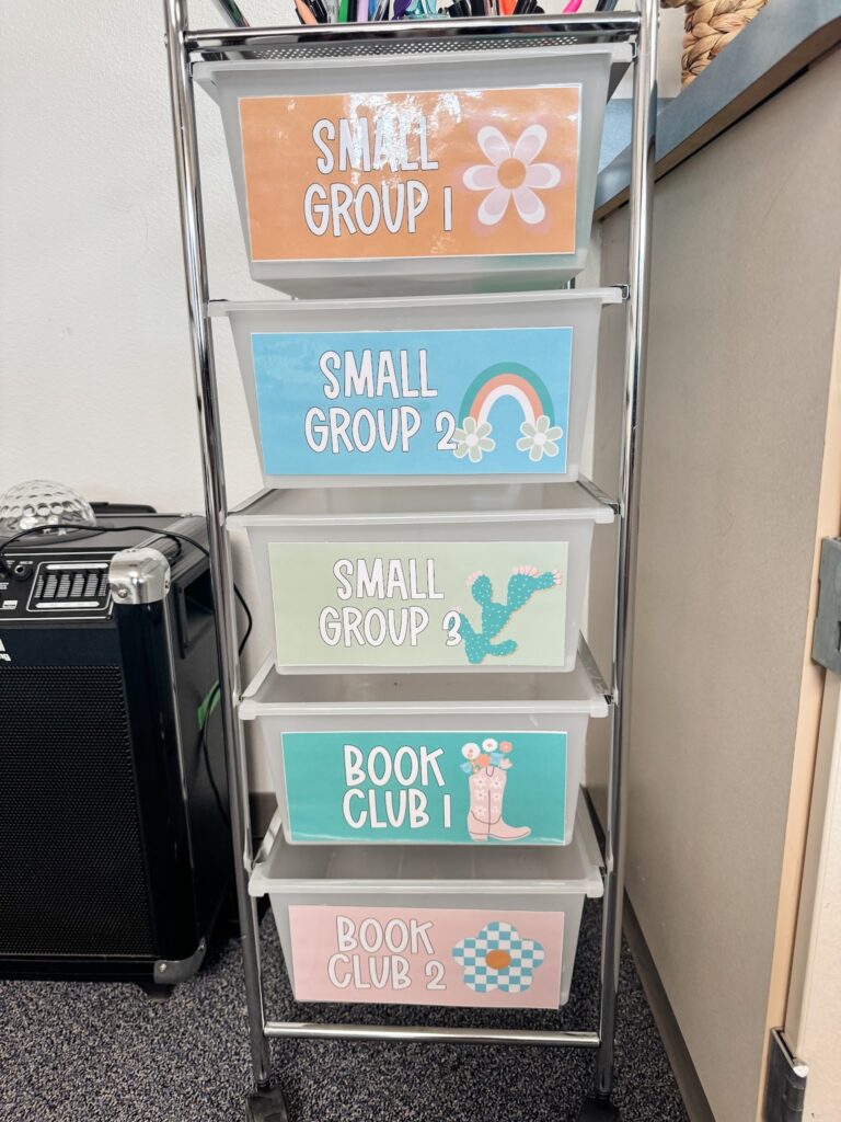 This image shows a rolling cart with larger bins. Each bin has a retro rodeo label describing what is inside.