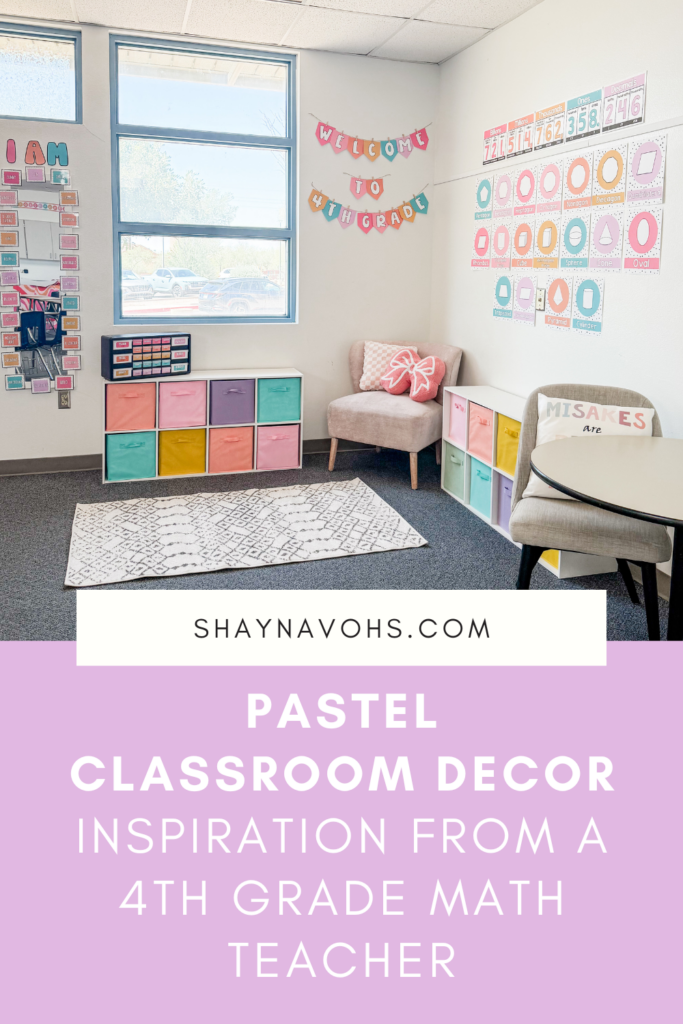 This image shows a 4th grade math classroom decorated in pastel classroom decor complete with some cute tan chairs and a cozy little rug. The text at the bottom of the image reads, "Pastel Classroom Decor Inspiration From a 4th Grade Math Teacher".