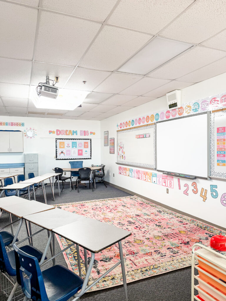 This image shows the front wall of a classroom redecorated with a pastel classroom decor theme. You can see a brightly colored rug along the front wall, resources on top of and below the white board, and colorful posters on the wall.