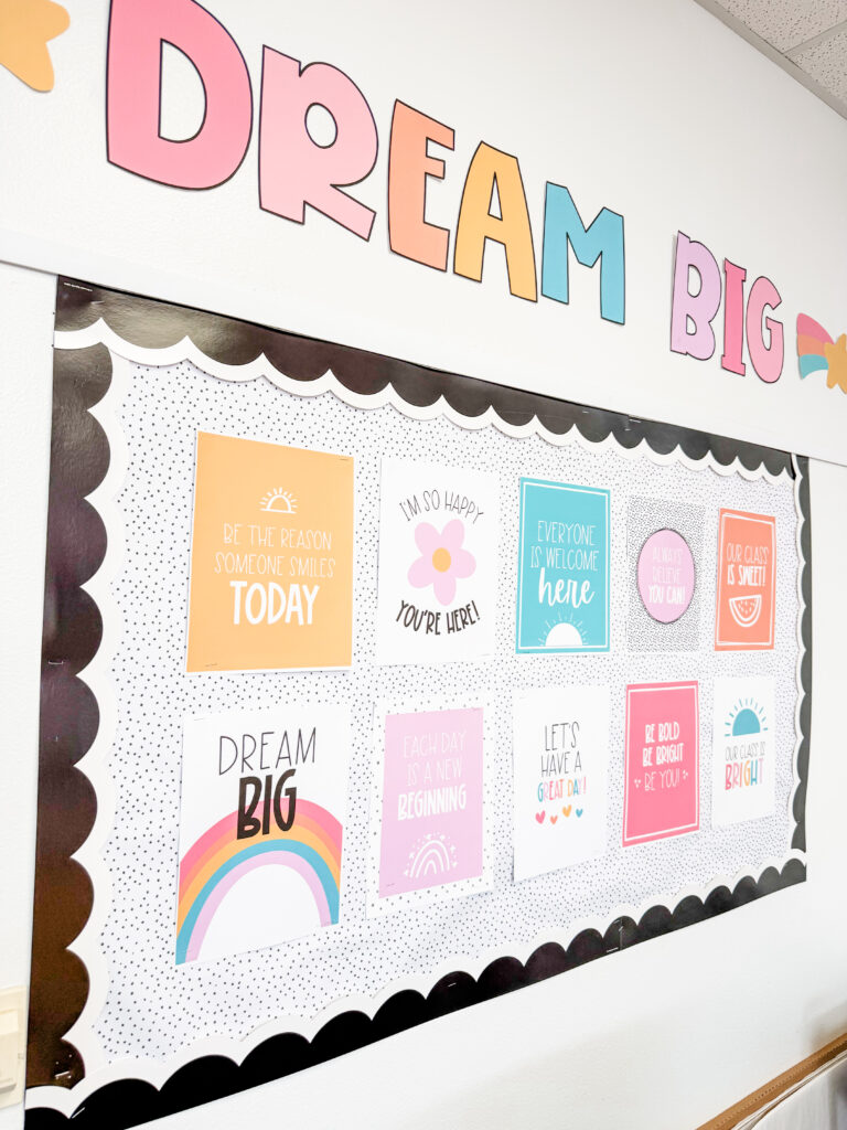This image shows the inspirational posters hanging out on a DIY bulletin board created for this 4th grade classroom.