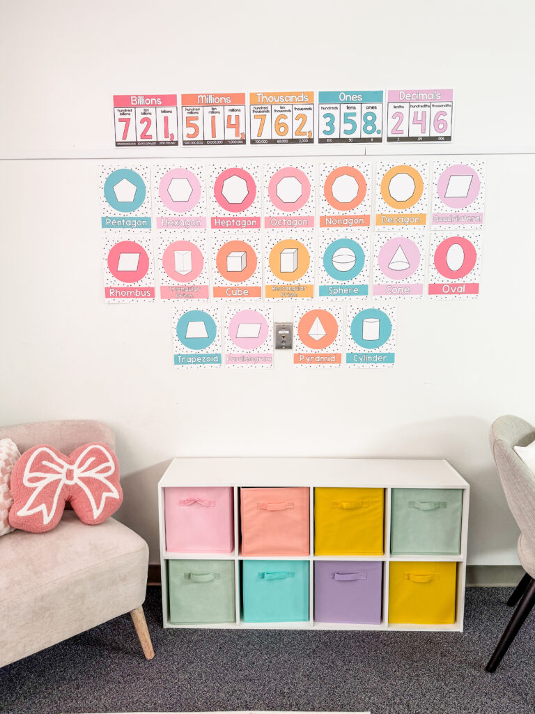 This image shows a wall in a pastel classroom decor space with a short 8 cube organizer filled with brightly colored fabric cubes. Above this organizer is a display of shape posters and a number line resource for students.