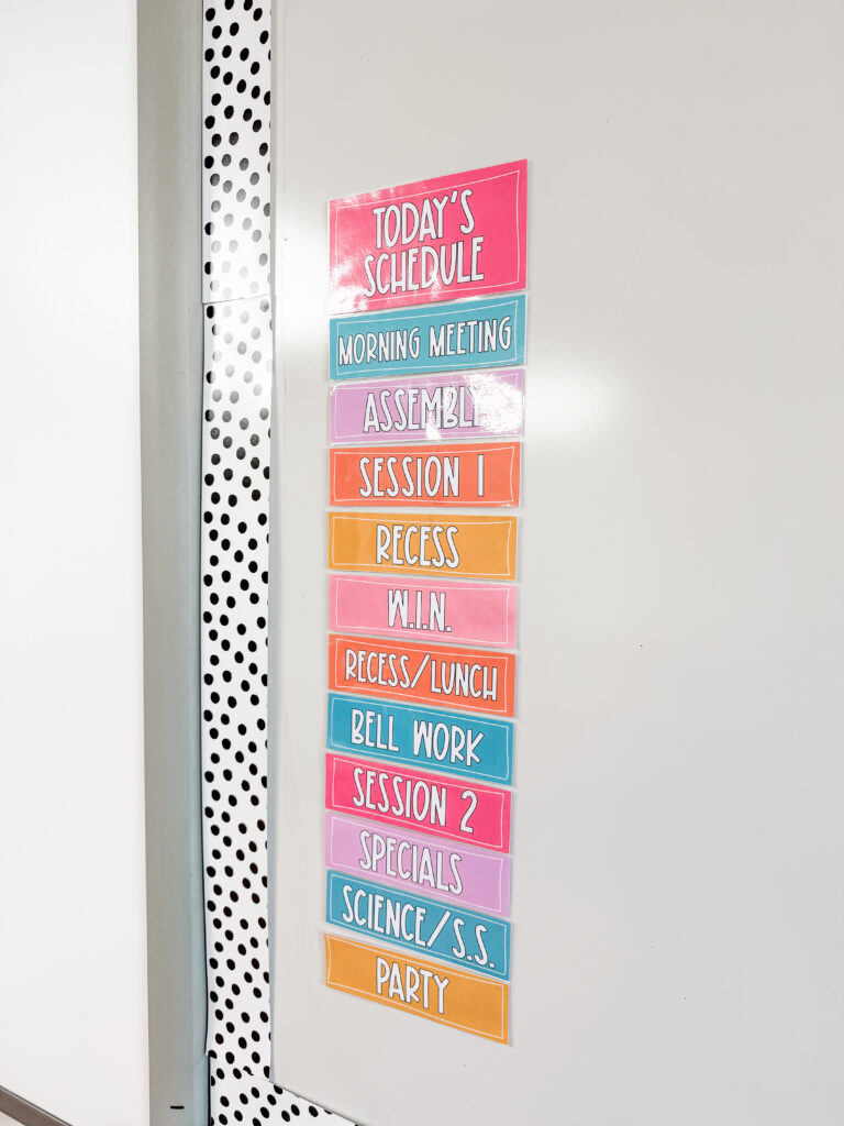 This image shows a close-up of the visual schedule cards this 4th grade math teacher has added to a whiteboard in her classroom.
