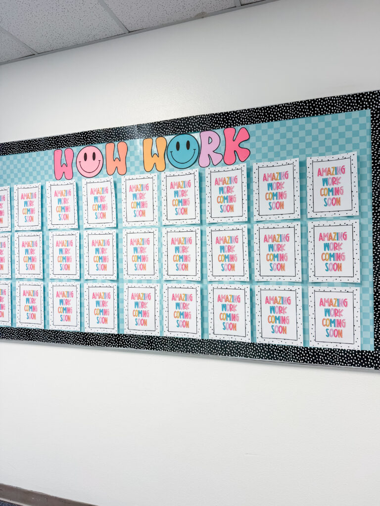 This image shows a WOW work display where this 4th grade math teacher can easily hang up student work so the whole school can see the amazing work being done by her students.