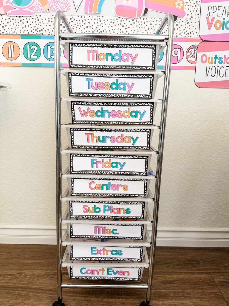 This image shows a 10 drawer cart with daily labels decorated with composition notebook backgrounds.
